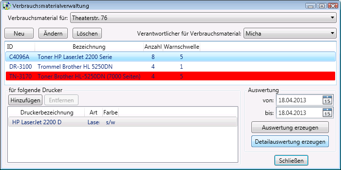 Verbrauchsmaterialverwaltung im Technischen Inventar Bild des Dialoges für Verbrauchsmaterialverwaltung